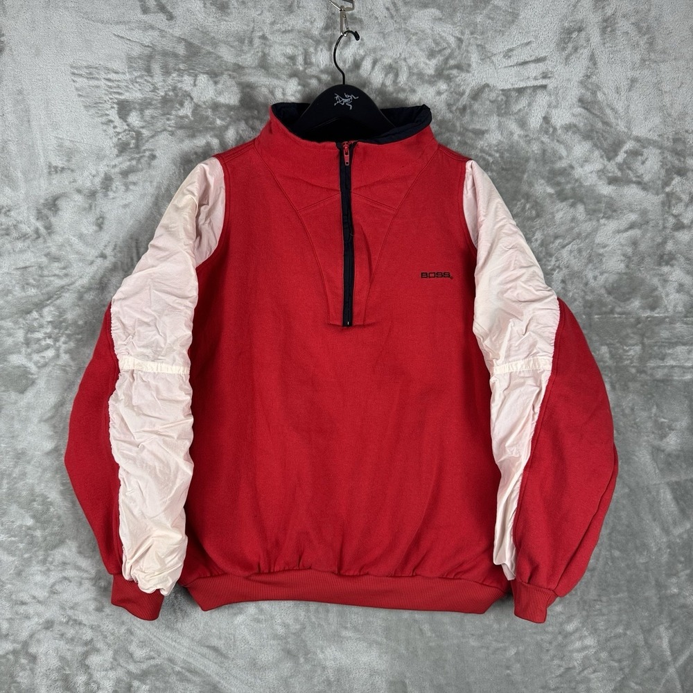 Vintage Hugo Boss Pullover 1/4 Zip Jacket Red Mens XL 90s Cotton Blend Retro